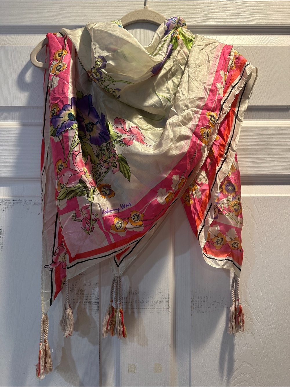 Johnny Was Large Boho Floral Silk Scarf Shawl with Tassels
